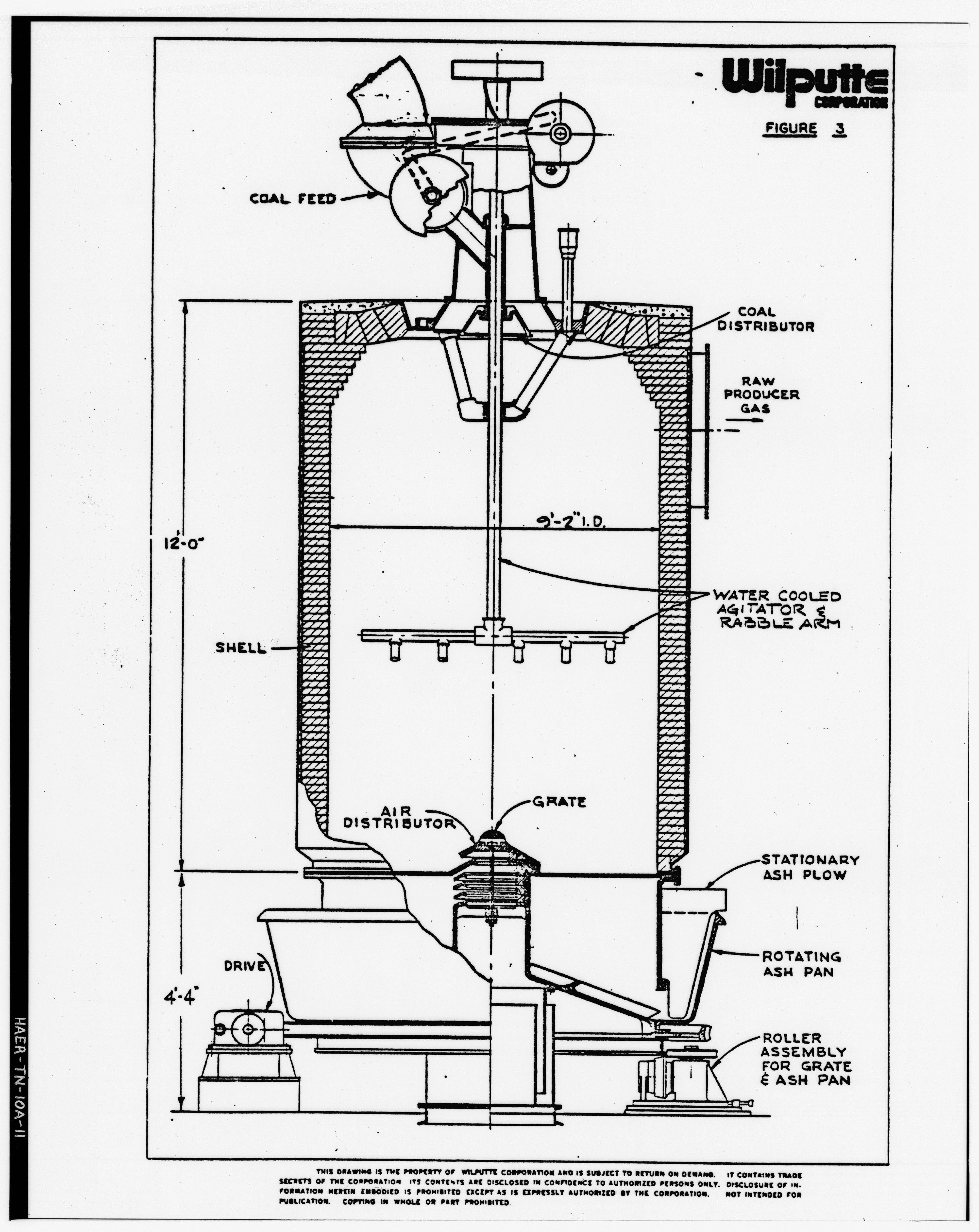 Photograph of a line drawing. 'CROSS SECTION OF GAS PRODUCER.' From George R. Cooper (Wilputte Corporation). 'Operating Overview of a Producer Gas Plant (12 Machines) at HAER TENN,82-KINPO,2-A-11