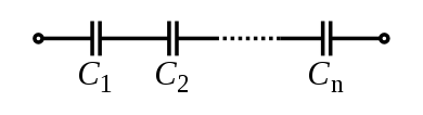 कई संधारित्र समानांतर क्रम में लगे हुए जिनकी समान सिरा एक ही तार से जुड़ा हुआ है।